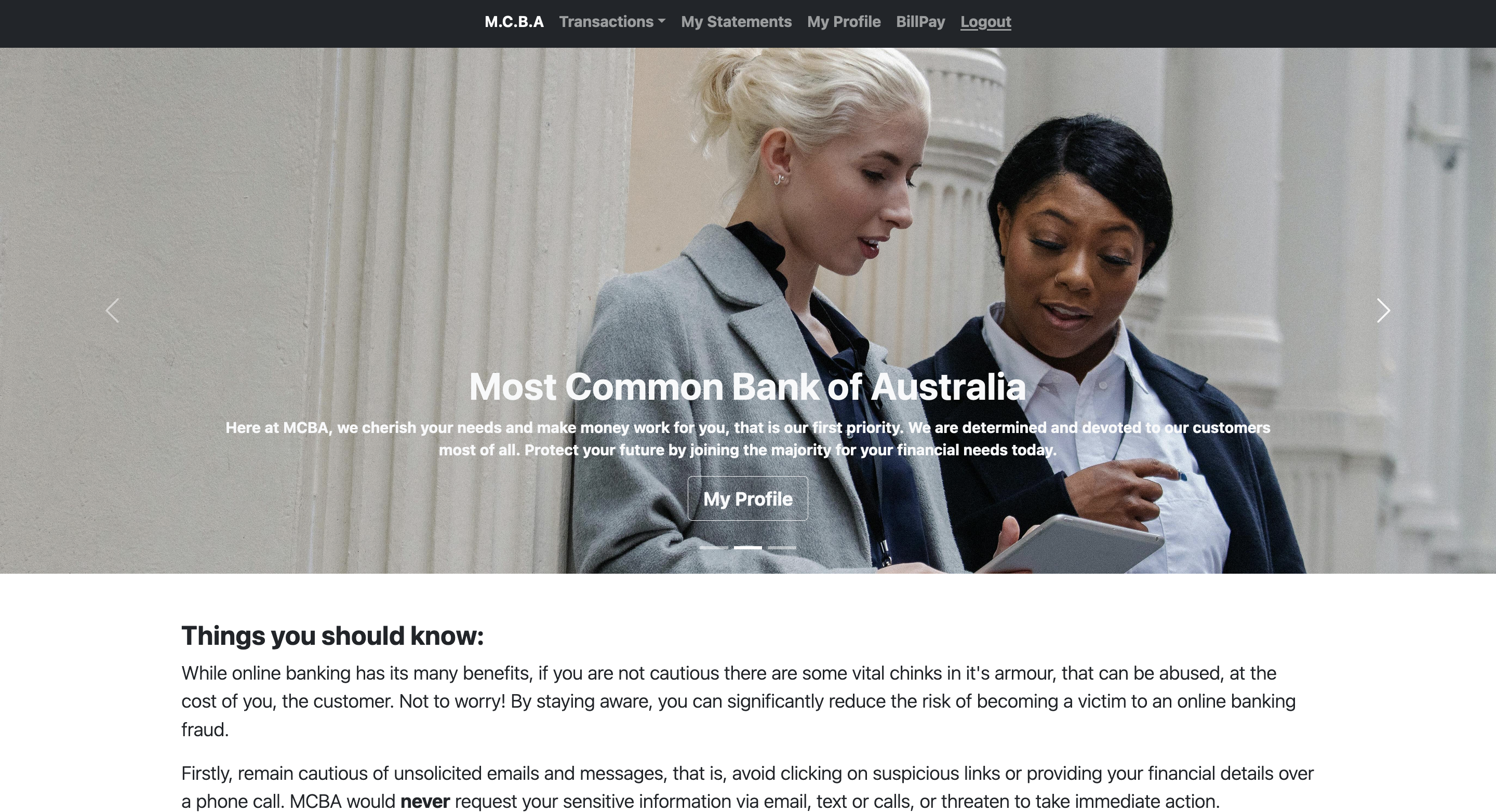 MCBA Banking Landing Page