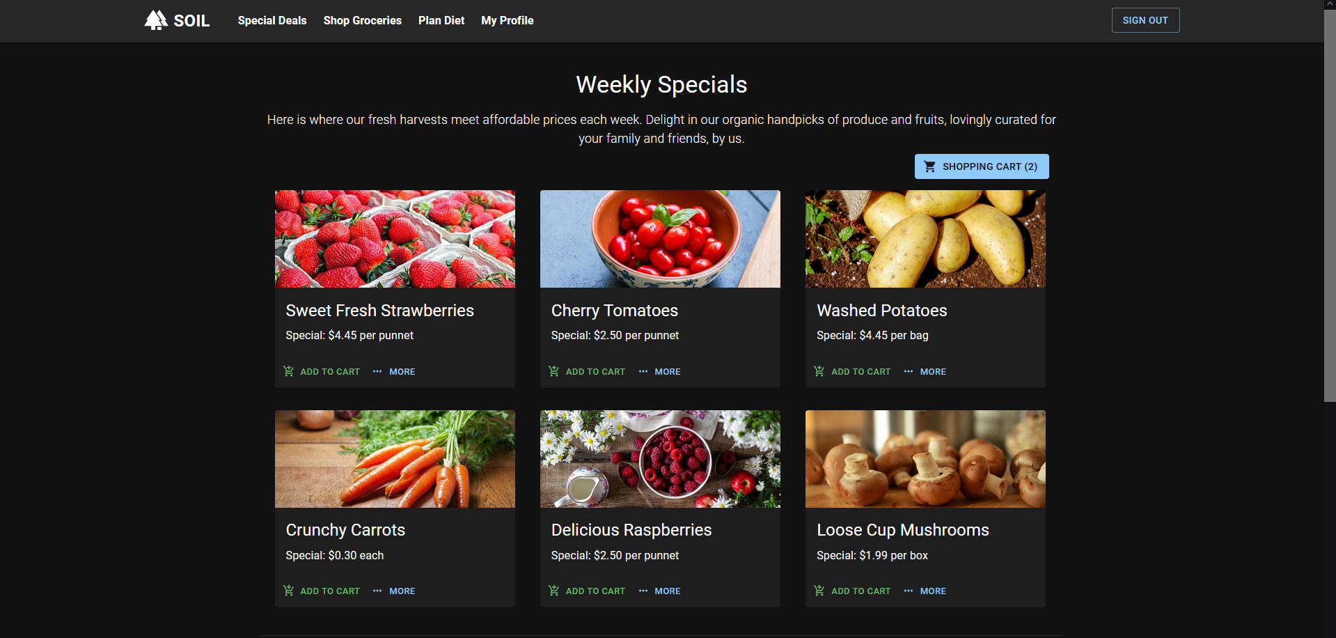 online grocery shopping page, allowing users to add produce to their cart